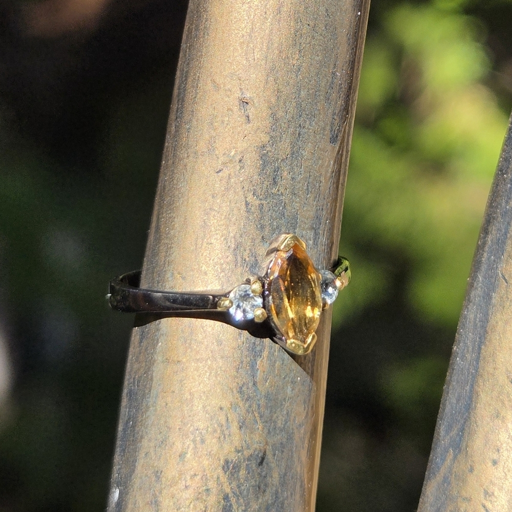 Citrine 3k & Topaz Natural Gemstone Sterling Rhodium & Gold Ring Sz6.5 - Picture 5 of 9